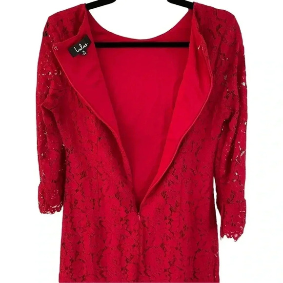 Lulu's Red Floral Lace Dress Bell Sleeve Sheath - Picture 5 of 10